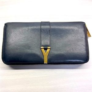 AUTHENTIC Saint Laurent Y Ligne zip wallet Leather Navy